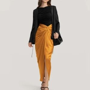 LILYSILK “Malus” Front-Draped Skirt – Size 10 – Amber – 100% Silk Charmeuse
